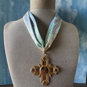 Gold Cross Pendant Necklace with Pastel Silk Scarf